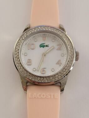 Lacoste Womens Watch White Dial Silver Tone Crystal Bezel Pink Silicone Quartz